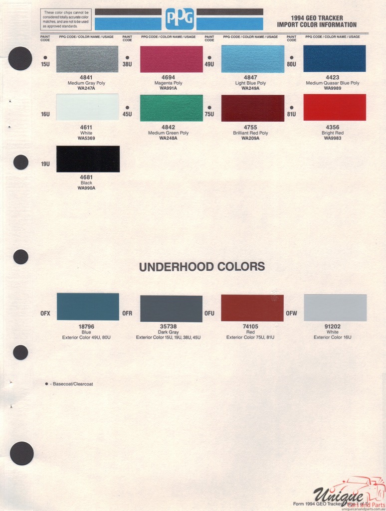 1994 GM GEO Paint Charts PPG 3